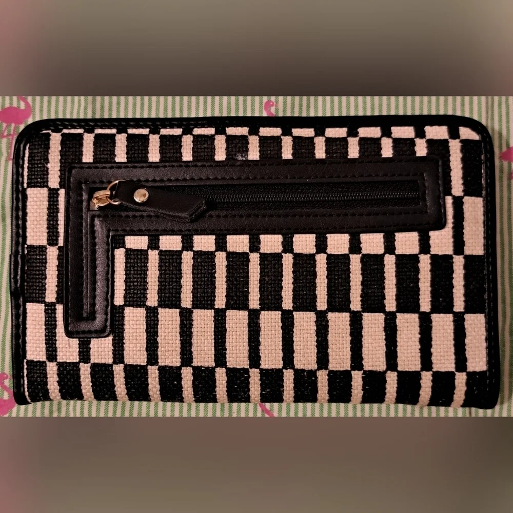 Spartina 449 Black & Beige Linen & Leather Large Snap Bifold Wallet Clutch Bag